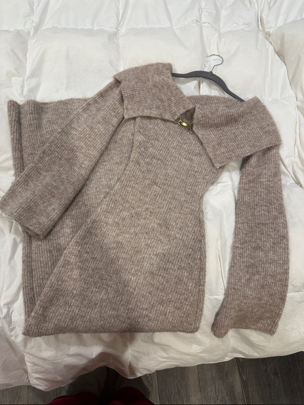 Meshki Cozy Off-Shoulder Taupe Knit Sweater